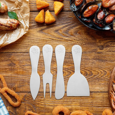 Cheese Knife And Butter Fork Set, Stainless Steel 5 Piece, Ultra Compact And Easy To Clean, arranged on wooden table