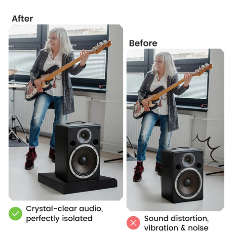 Comparison of sound quality before and after using Foam Studio Monitor Isolation Pads with Adjustable Tilt, showing reduced vibrations