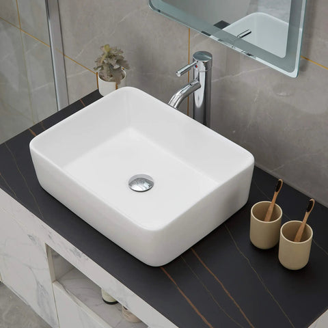 Rectangle Vessel Sink With Pop Up Drain Included For Above Counter Bathroom White Porcelain Ceramic Vanity Basin 14.6 X 18.9 X 5.2 Inches Without Faucet Hole on black countertop