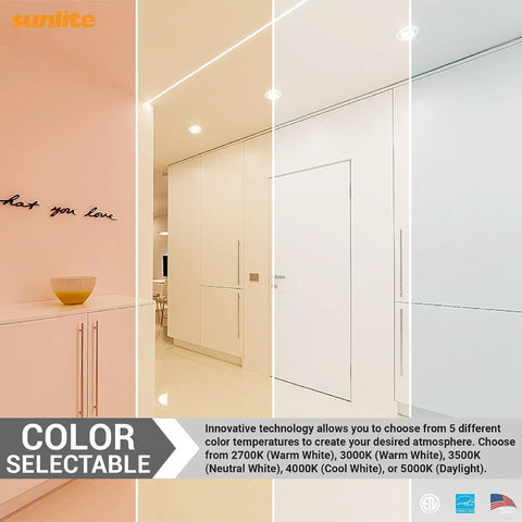 Room lighting showing the range of color temperatures from Gimbal LED Recessed Downlight Fixture 5 To 6 Inch, 11W, 1100 Lumens, ETL Listed.