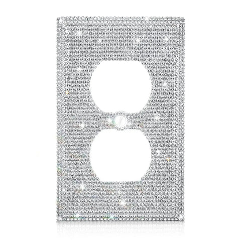 Shiny Silver Rhinestones Wall Plate Cover for Light Switch and Outlet 1 Gang Toggle Decor Dope Sparkle Upgrades Your Home Office Easy Install Adds Glam Vibe and Sparkle to Any Room showing front view with two outlet openings.