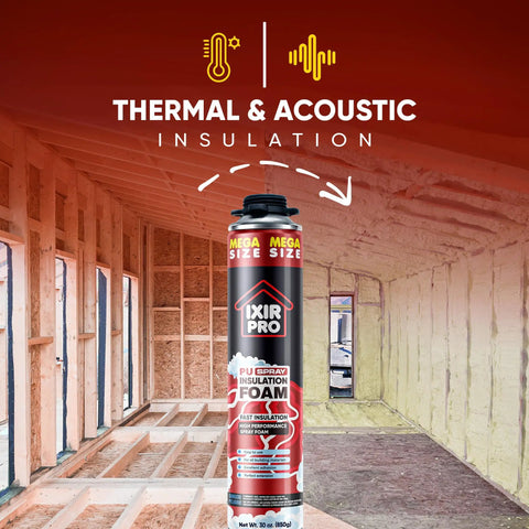 Top Shelf Spray Foam Insulation Kit With Heavy Duty Expanding Sealant in a room under construction with insulation foam.