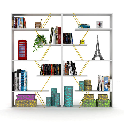 Six Tier White And Yellow Bookcase Storage Shelf With Industrial Display Vibe, Space Saving Organizer filled with decor and books