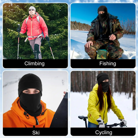Winter Fleece 4 Piece 3 In 1 Hat Set For Men with ear flap and knit skull cap in outdoor activities like skiing and cycling.