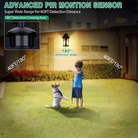 Boy and dog in yard illuminated by motion sensor outdoor lights with 3 lighting modes for porch and house dusk to dawn wall light.