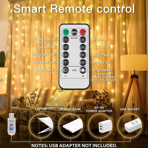200 LED Curtain String Lights For Indoor Outdoor Use With 8 Modes And Timer Warm White Fairy Lights on window backdrop with remote