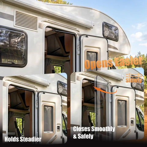 Rock Solid 20 Inch Gas Struts And Door Shocks For Rv Entry Doors And Camper Lifts, showing extended door with smooth operation.