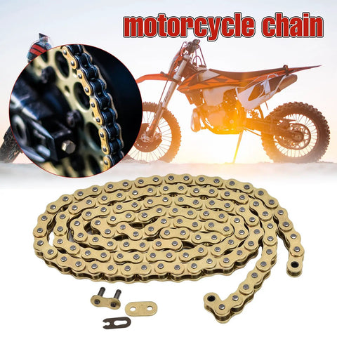 Beefed Up Replacement Drive Chain And Sprocket Kit For Yamaha TT R125 TTR125E Gold 428x116 Chain shown with motorcycle.