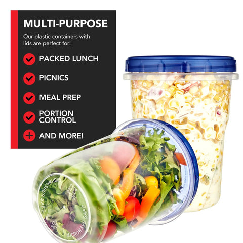 32 Ounce Plastic Containers With Twist Top Lids Six Pack Quart Freezer Storage with salad and pasta inside