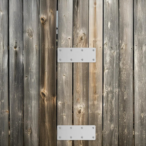 Wooden fence with two Five Pack Heavy Duty Stainless Steel Straight Brace Brackets For Wood Perfect Mending Plates with openings.