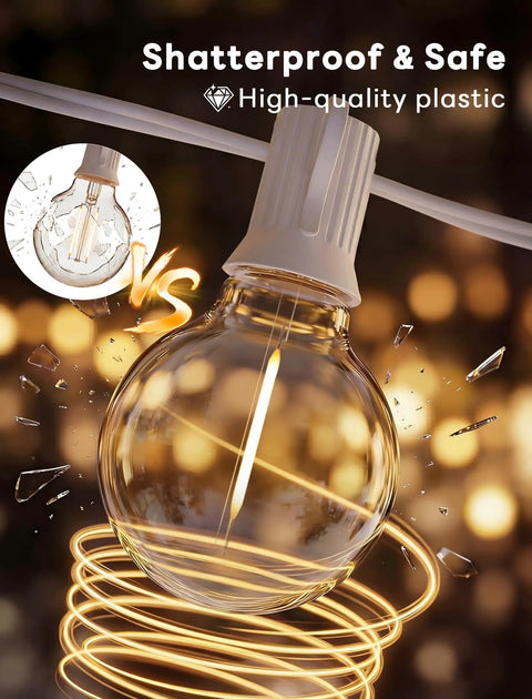 Close-up of 50Ft LED Outdoor String Lights with 52 Dimmable Shatterproof G40 Plastic Bulbs, highlighting shatterproof design