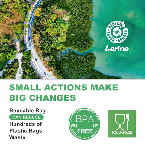 Aerial view promoting Mega 10 Pack Reusable Freezer Bags Dishwasher Safe Zero Hassle Food Storage Containers with eco-friendly message.