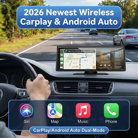 8.1 Inch Wireless CarPlay Dash Screen With Apple CarPlay And Android Auto displaying GPS on car dashboard.