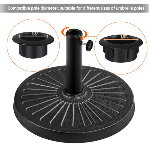 Beefy Heavy Duty Outdoor Umbrella Base For 1.5 To 1.9 Inch Poles 26.5 Lb Resin And Iron Construction shown in compatible pole diagram