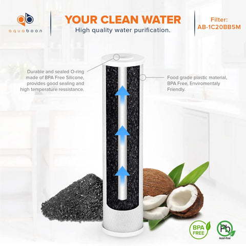 Cross-section of 4.5 By 20 Carbon Block Filter Cartridge 5 Micron Whole House Water Filter Replacement Removes Chlorine Taste And Odors Easy Install Compatible With FC25B EPM-20BB CB-BB-20 155783-43 One Pack showing filtration layers and BPA-free material.