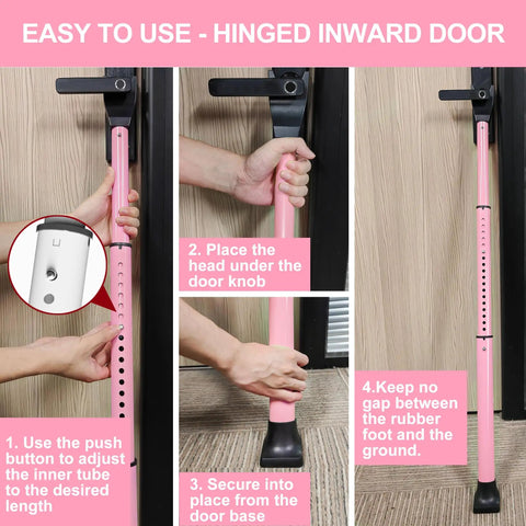 Instructions for using the Badass Door Security Bar with Adjustable Lock for Travel and Home Safety. 20 to 50 Inch Pink.
