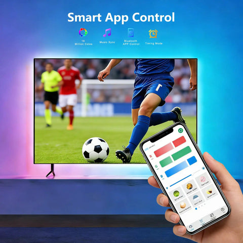TV Backlight Kit With Remote, Bluetooth App Control, 4096 DIY Colors; LED strip lighting TV with app controls shown on phone.