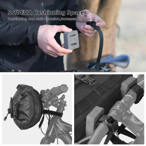 All Weather Bicycle Handlebar Bag With Dual Sided Opening And Folded Closure, Waterproof Inner Pocket, EVA cushioning on bike.