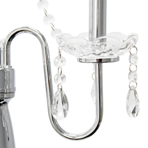 Detail of Romantic Cascading Crystal Floor Lamp With Sheer Drum Shade In Chrome Finish, featuring crystal accents and chrome arm.
