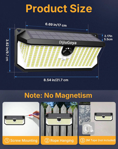 Solar Security Flood Lights Outdoor 466 LED 4000Lm Ultra Bright with 270-Degree Motion Sensor and dimensions.