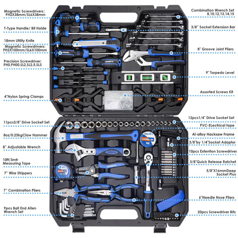 168-Piece Socket Wrench Auto Repair Tool Set In A Plastic Toolbox Case, Grab-And-Go DIY Hand Tool Kit with organized compartments.