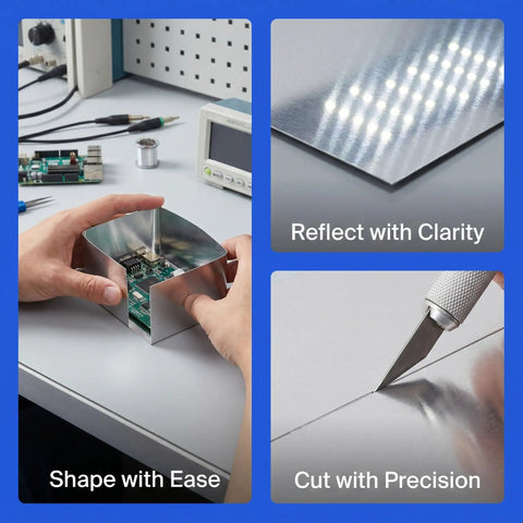 Hands shaping Six-Piece Bendable Aluminum Sheets for Crafting and DIY Projects, engraving tool cutting thin metal blanks.