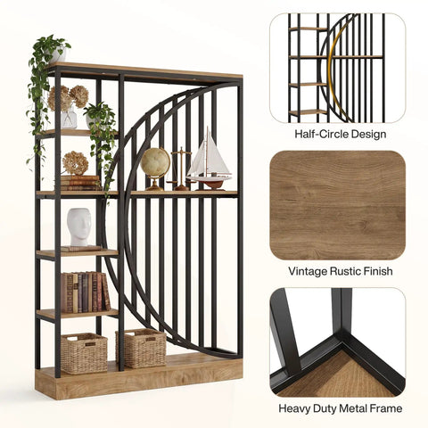 Dope Tall Industrial Bookshelf Set Of 2 With Reversible 5 Tier Shelves and half-circle design, vintage rustic finish, freestanding.
