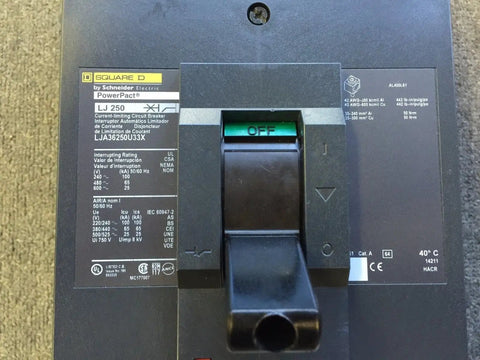 Bulletproof 3 Pole 250 Amp 600V Circuit Breaker For Industrial Electrical Panels LJA36250U33X showing main switch and ratings.