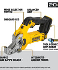 20V Max Plastic Tubing Cutter Bare Tool Only With No Fuss Automatic And Manual Cutting Modes Onboard LED For Low Light Delivers Clean Burr Free Cuts On Plastic Tubing Up To 2 Inches, side view showing mode switch and grip.