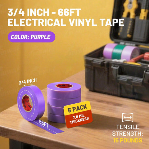 Purple Electrical Tape Five Pack Pro Grade Heavy Duty Industrial UL CSA Listed Seven Mil Thick Flame Retardant Waterproof 66 Feet PVC Tape For High Temp 600V Electric Use displayed on table with tool box in background.