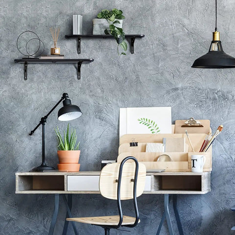 Rock Solid 10 Inch Shelf Brackets 6 Pack Heavy Duty L Bracket Supports For DIY Floating Shelves With Complete Mounting Hardware Matte Black shelf display in home office featuring plants and decor.