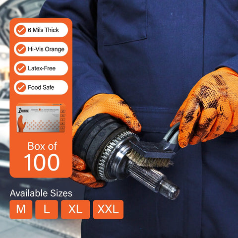 1st Choice orange disposable gloves, 6 mil latex-free with raised diamond grip, front view, box of 100