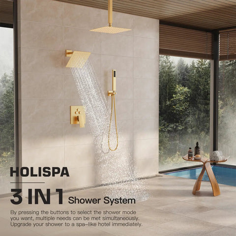 Legit Top Shelf Gold Shower System With Heavy Duty All Metal Dual Rainfall Ceiling And Wall Mount Handheld Sprayer featuring a cascading waterfall and sleek design.