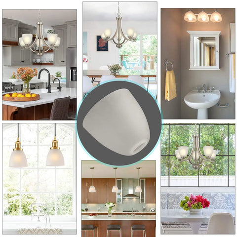 Two Pack Bell Shaped Frosted Glass Light Shades For Ceiling Fans And Wall Fixtures, Lipless With 1 5/8 Inch Fitter Opening, Replacement Glass Shades displayed in various room settings