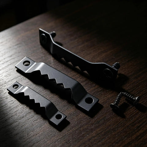 50 Pack Small Sawtooth Picture Hangers With Screws, Black Steel Hanging Hardware Kit For Photo Frames, shown on wood surface