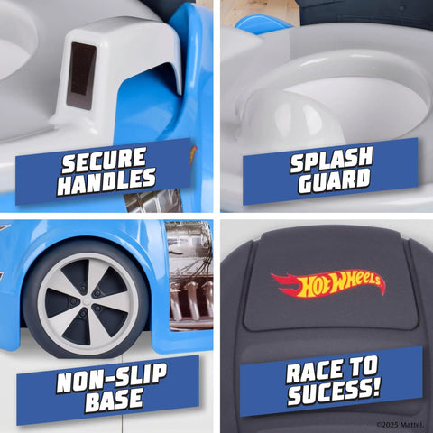 Kickstart Your Toddler Potty Journey With This Snazzy Blue Race Car Seat For Kids Featuring Detachable Lift Out Pot Built In Splash Guard Simple Cleanup, showcasing secure handles, splash guard, and non-slip base.