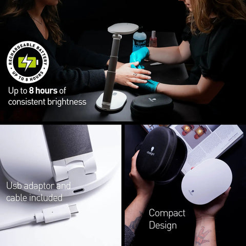 Foldi Go Portable Table Lamp for Crafts and Sewing used for detailed nail work, showcasing USB and compact carry case, white color.