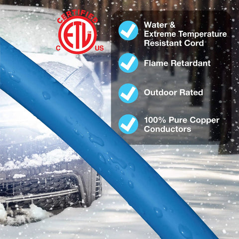 Close-up of Blue 100 Ft Outdoor Extension Cord SJTW 14/3 With 3 Prong Grounded Plug And Power Indicator Light in snowy weather