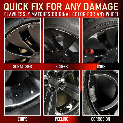 Images showing damages like scratches, scuffs, chips, peeling, and corrosion on alloy wheels with Matte Black Rim Touch Up Paint Pen Quick Cure For Curb Rash And Scuffed Wheels Auto Alloy Scratch Fix That Slaps Your Whip Back Together In Minutes Without Dragging It To The Body Shop.