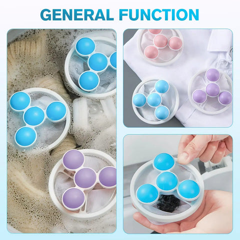 Floating Hair Filter Mesh For Washing Machine No More Hair Clogs Lint Catcher, set of three in blue and purple, in use