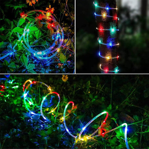 50ft 360 LED Rope Lights Outdoor Multicolor Waterproof Connectable Flexible Tube Lights With 8 Modes glowing on plants