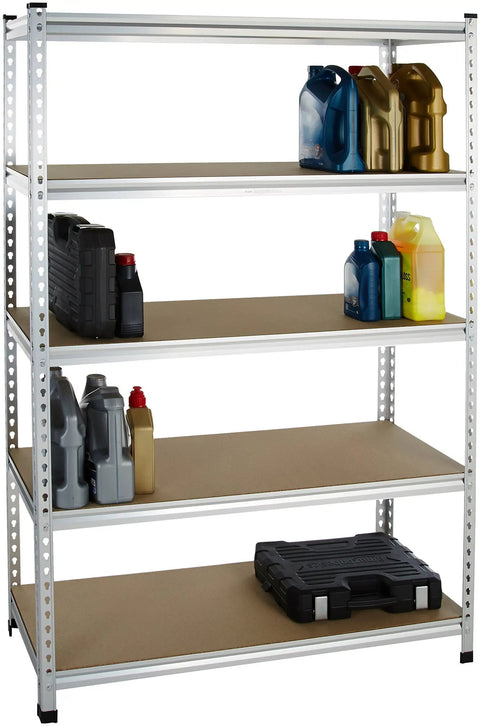 Rock Solid Five Tier Aluminum Storage Shelving Rack With Adjustable Heavy Duty Platforms For Garage Workshop And Home holding oil containers and tools.
