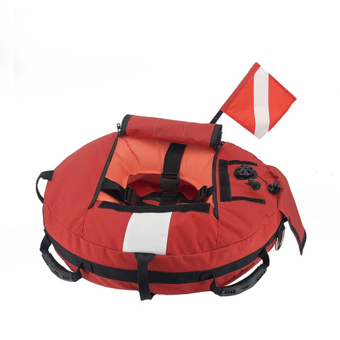 Freediving Pro-Grade Buoy With Inner Tube And 8 Inch Dive Flag Cover, Red And White Diver Down Flag, Zippered Storage, Mesh Bottom