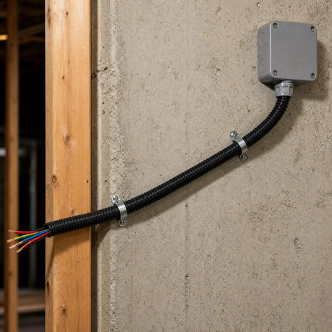High Flex Corrugated Cable Conduit, 51 Mm Heavy Duty Wire Raceway With Galvanized Steel Core, 20 Meter Roll mounted on wall.