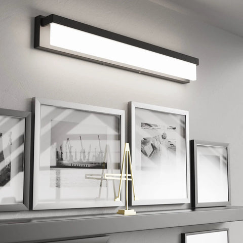 32.3 Inch Modern Rectangle Black Matte LED Vanity Light Over Mirror Bar 4000K Daylight Wall Sconce For Bathroom above framed photos