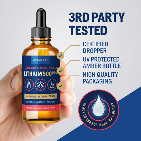 Lithium Orotate Solution 500 Ppm For Lab Use High Purity Laboratory Grade 3.38 Fl Oz bottle with dropper, UV-protected