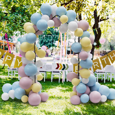 Metal Garden Arch Trellis For Climbing Plants Outdoor 8.2 Ft Tall Arbor With Planter Boxes Ideal For Weddings Ceremony Decor with colorful balloons
