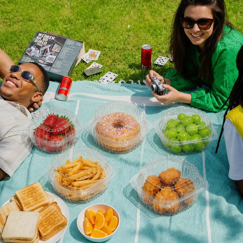 Snag This 50 Pack Super Sealed Hinged Food Containers With Secure Flip Top Lids For Cake Slices Pastries And Quick Bites arranged with food on picnic.