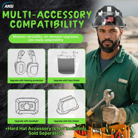 Heavy Duty Vented Safety Helmet With Clear Face Shield, ANSI Compliant Hard Hat For Job Sites with accessory upgrade options.