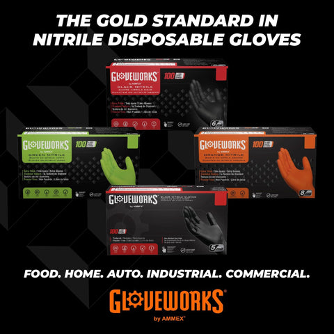 Front view of Gloveworks orange nitrile disposable gloves, 8 mil, raised diamond grip, XXL, box of 100.